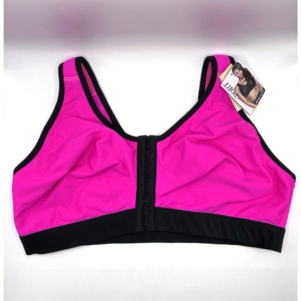 Cacique Sport Bra Medium Impact Size 42DD Hot Pink Black Front Closure New W/Tag